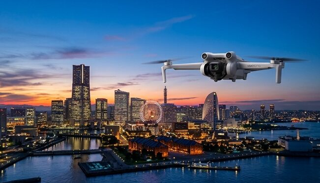 DJI Mini 5 Proの1インチセンサーによる夜景描写。 Mini 4 Proとの比較で、ノイズが少なく、神社の鳥居と都市の明かりが鮮明に写っている。
