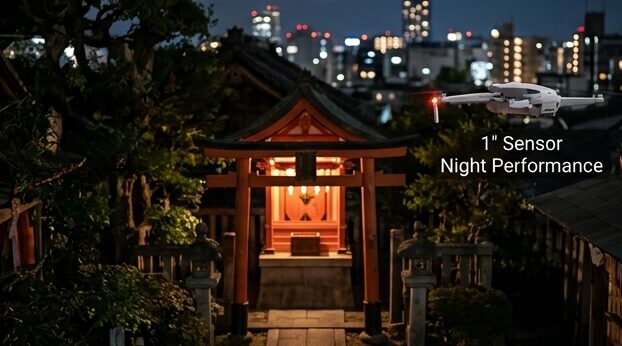DJI Mini 5 Proで撮影した横浜の夜景空撮イメージ。1インチセンサーにより、都市の明かりが鮮明に描写されている。