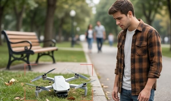 DJIサポートセンターで、笑顔のスタッフから新品交換されたドローンを受け取る男性