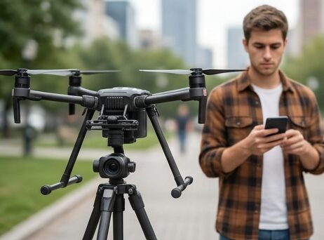 スマートフォンで、1日単位（趣味用）と年払い（業務・高頻度用）のドローン保険プランを比較する男性パイロット