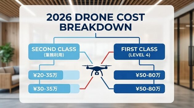 2026年時点のドローン国家資格の費用相場(二等・業務利用と一等・レベル4)を比較したインフォグラフィック