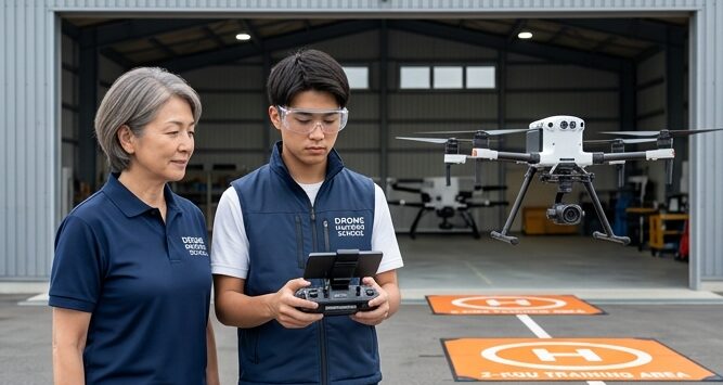 ドローンスクールの屋外練習場で、講師に見守られながら機体を操縦する男性受講生