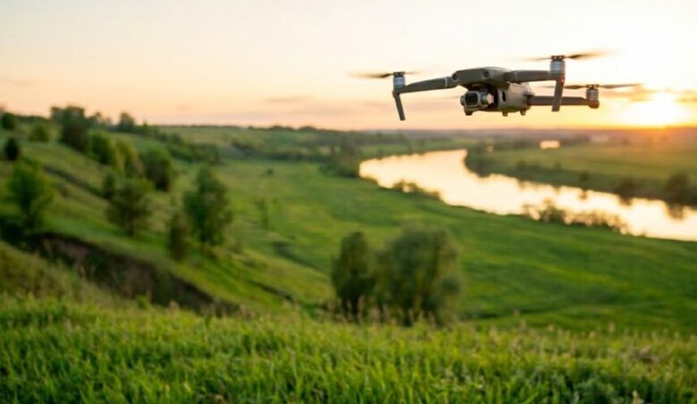 夕日を背景にしたDJI Miniドローンの空撮画像