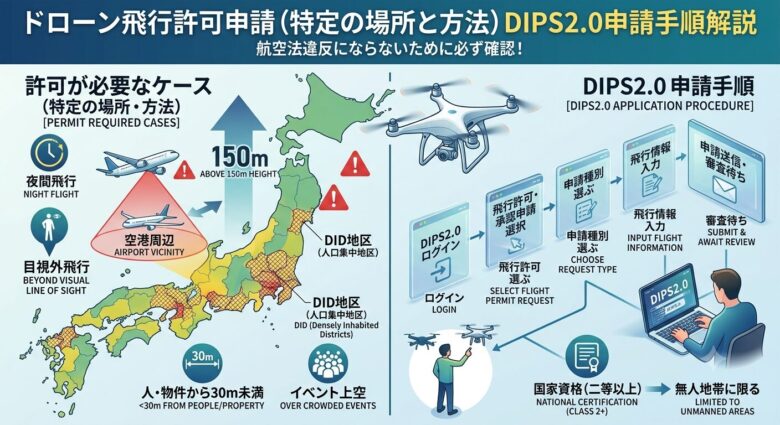 ドローン飛行許可申請が必要なケースと手順のフロー図