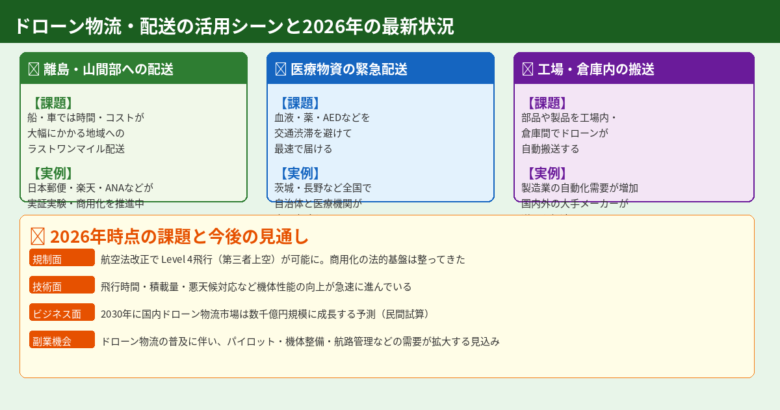 ドローン物流・配送の主な活用シーンと2026年の最新状況